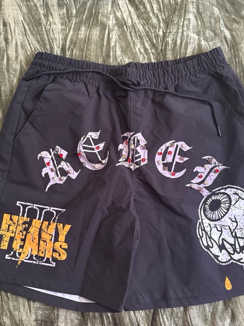Black Graphic Hybrid Swim Shorts with Eye & Text Accents